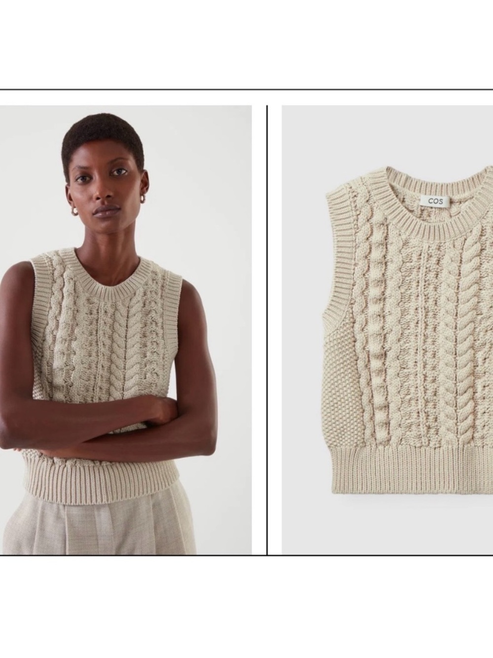 COS Cream Cable Knit Sleeveless Sweater Vest